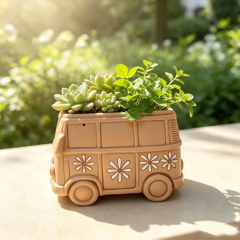 Vintage Bread Van Planter, Unique Creative Desktop Balcony Plant Decor, Potted Plant Ornament, Stylish Flower Vase