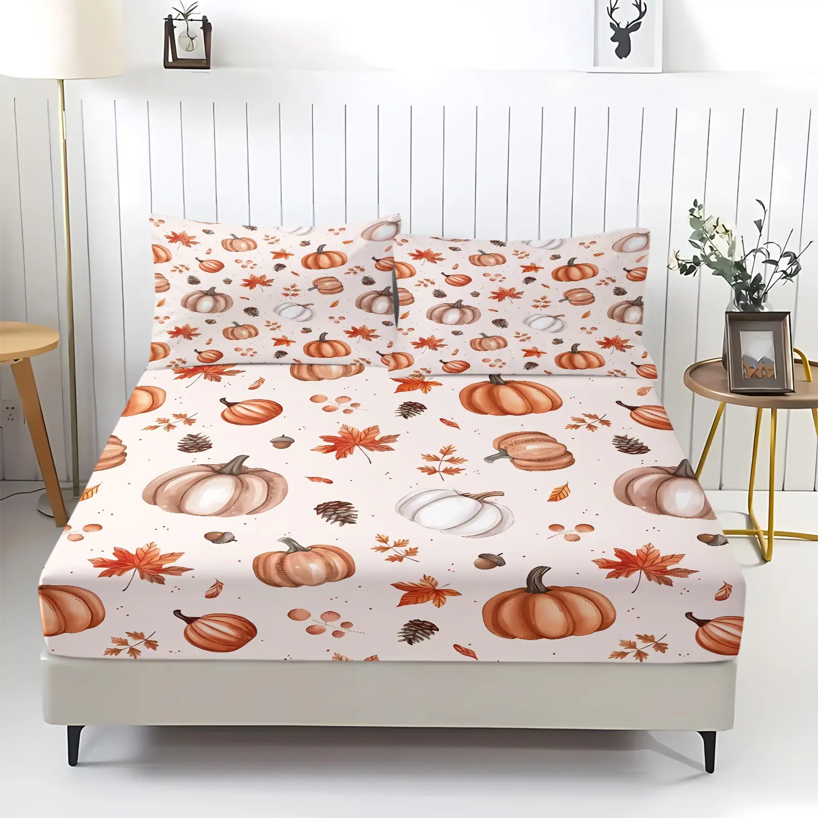 White Watercolor Pumpkin Maple Acorn Fitted Sheet Set, Bed sheet set, Fall Digital Print Bedding, Soft Deep Elastic Pocket, Machine Washable, Includes 2 Pillowcases - without Core, Cozy Autumn Bedroom Decor, Breathable Fitted Sheet