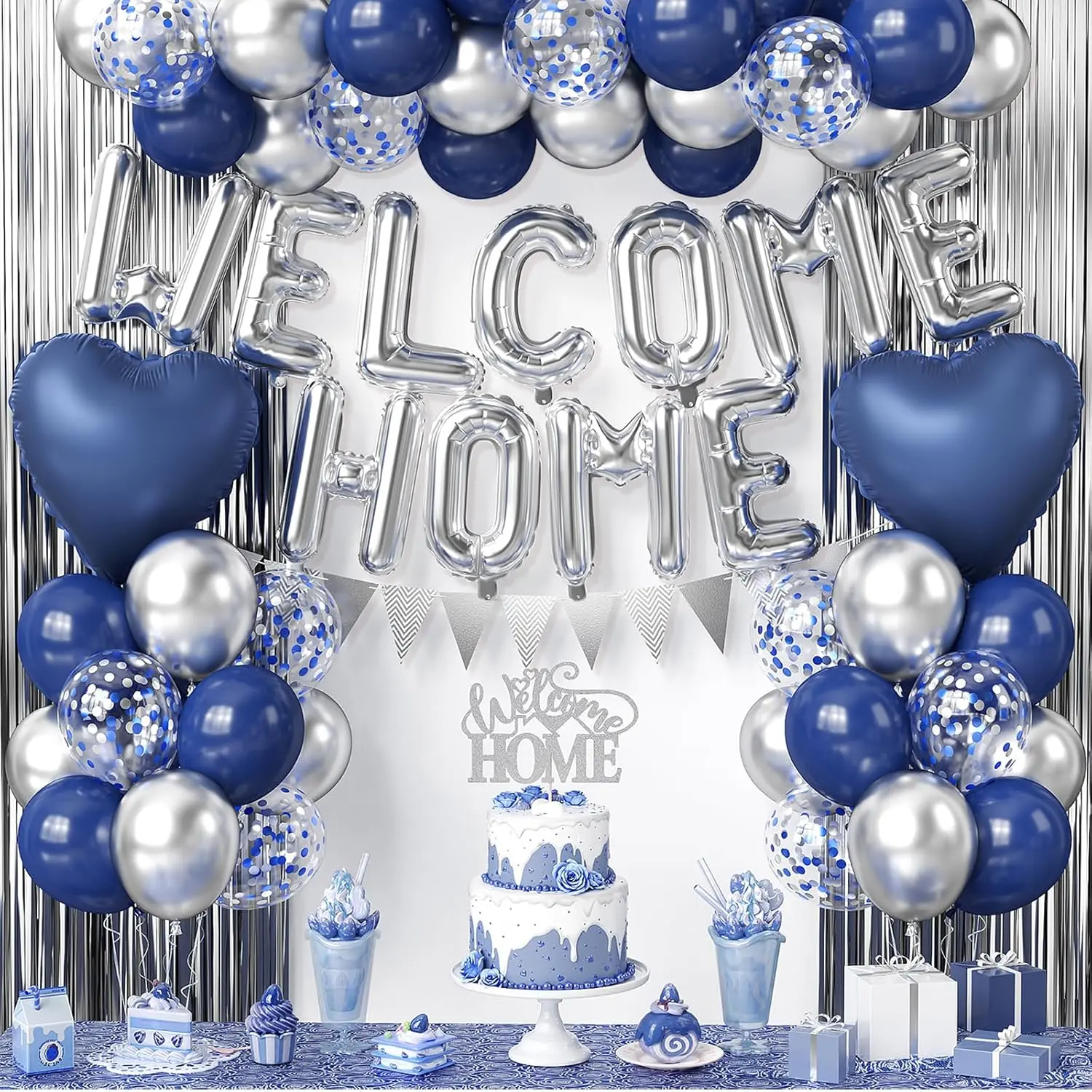 Welcome Home Decorations Navy Blue Silver,Welcome Home Balloon Banner with Heart Foil Balloons Fringe Curtain Cake Topper for Housewarming Shower Family Party Supplies