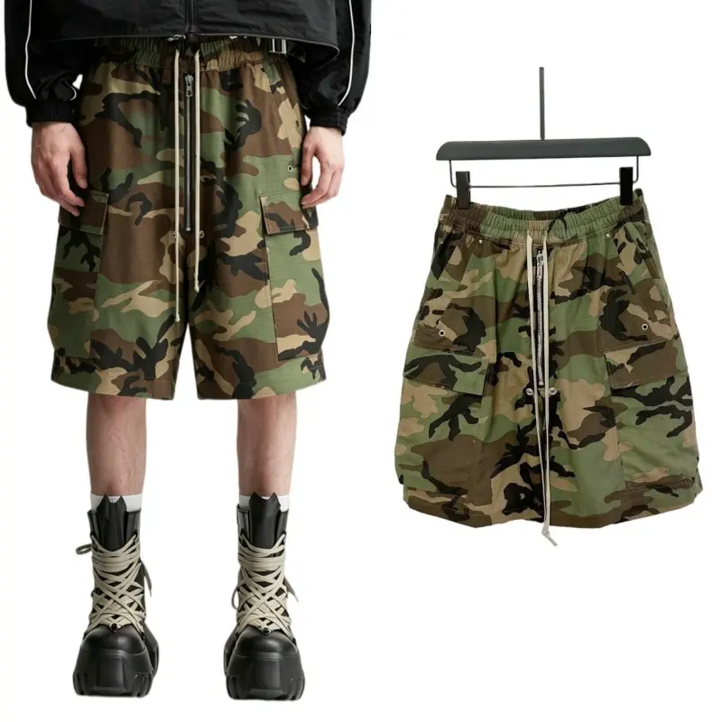Men's Camouflage Cargo Shorts, 5-Inch Streetwear Ripstop Fabric with Exposed Front Long Zipper and Elastic Drawstring Waist, Camouflage Pattern, Fathers Day Gift, Durable And Long-Lasting, Front Exposed Long Zipper