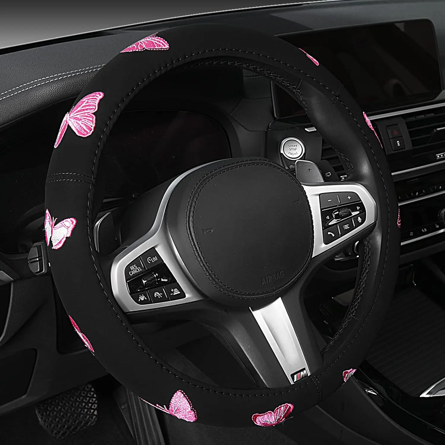 Butterfly Steering Wheel Cover Cute Auto Accessories Women Girls | Soft Embroidery Design Breathable Anti Slip  Fit 15 Inch Size     SUVs Auto Interior Protector