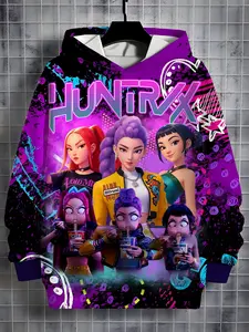 Anime Girl Full Color 3D Print Hoodie for Girls, Cool Graffiti Background, Long Sleeve Casual Hooded Top for Spring Fall, Cartoon Print Hoodie
