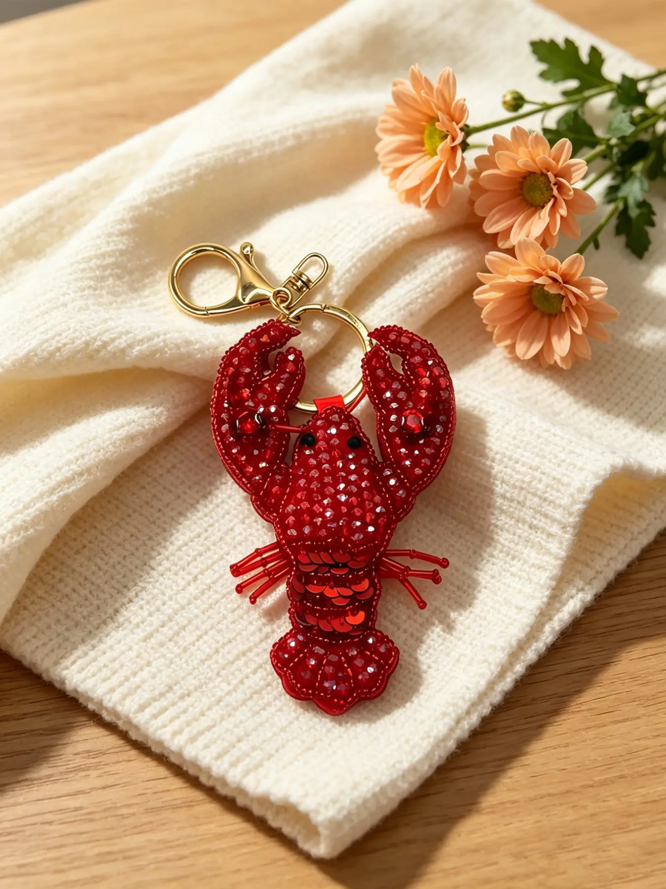 Handmade Lobster Keychain, Full Rhinestone Pendant, Cartoon Pattern, All Seasons, Cute Style, Beach Vacation Decor, Bag Accessory, Glitter Keychain