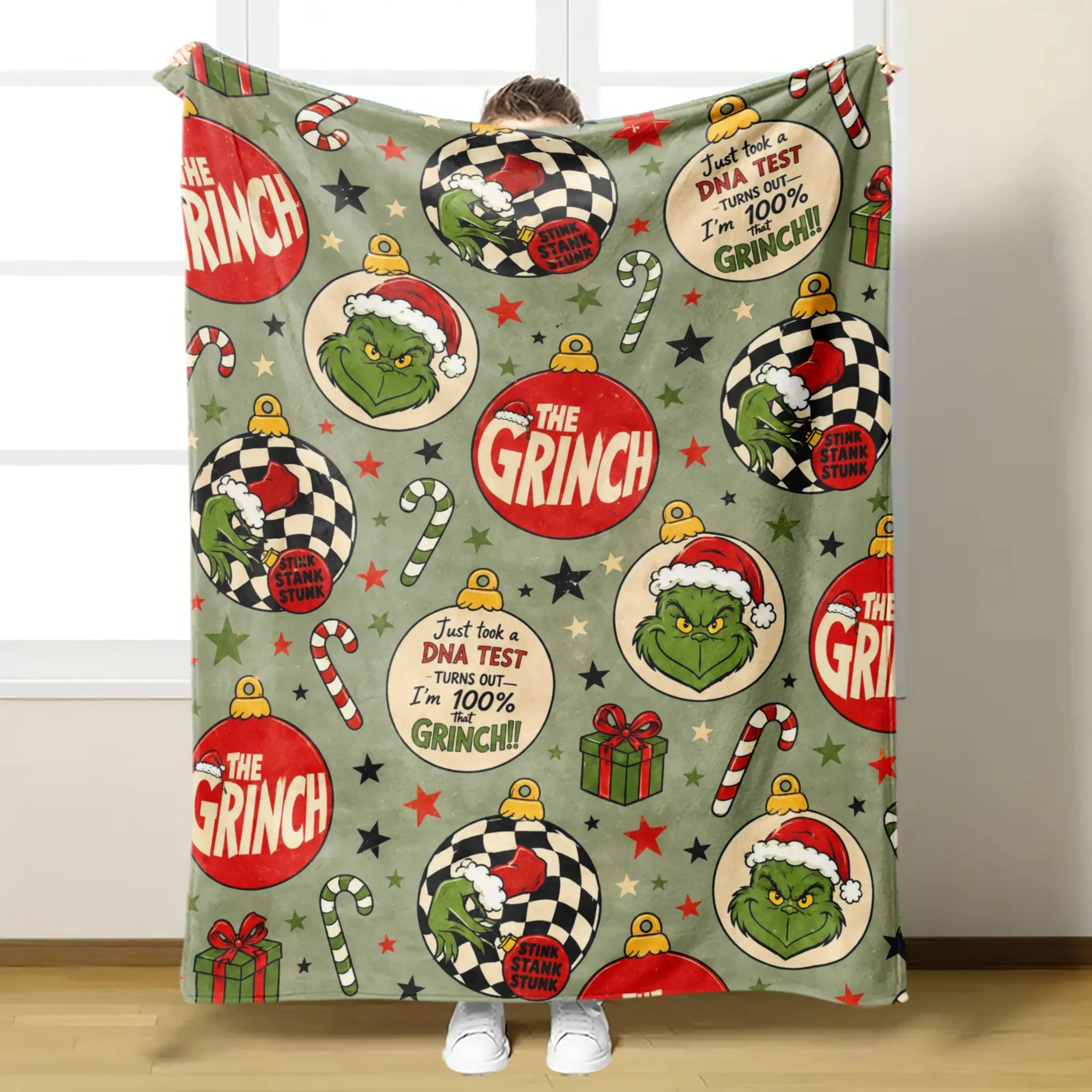 Grinch Christmas Blanket, Retro Holiday Ornament Flannel Throw, Candy Cane Christmas Blanket for Couch Bed, Gift for Grinch Fans