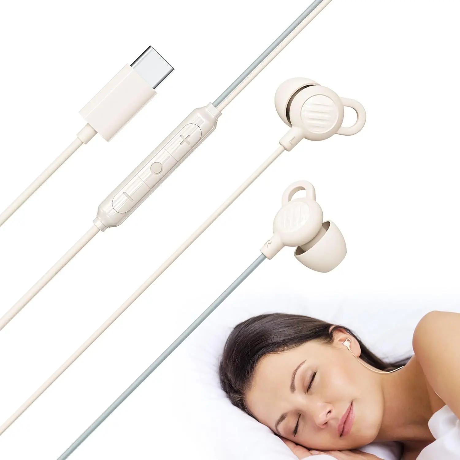 SleepTones USB-C Wired Sleep Earbuds for Side Sleepers with Lightweight Low-Profile  Earpieces, Noise Reduction Sleeping Headphones with -in Mic & Volume Controls (Beige)