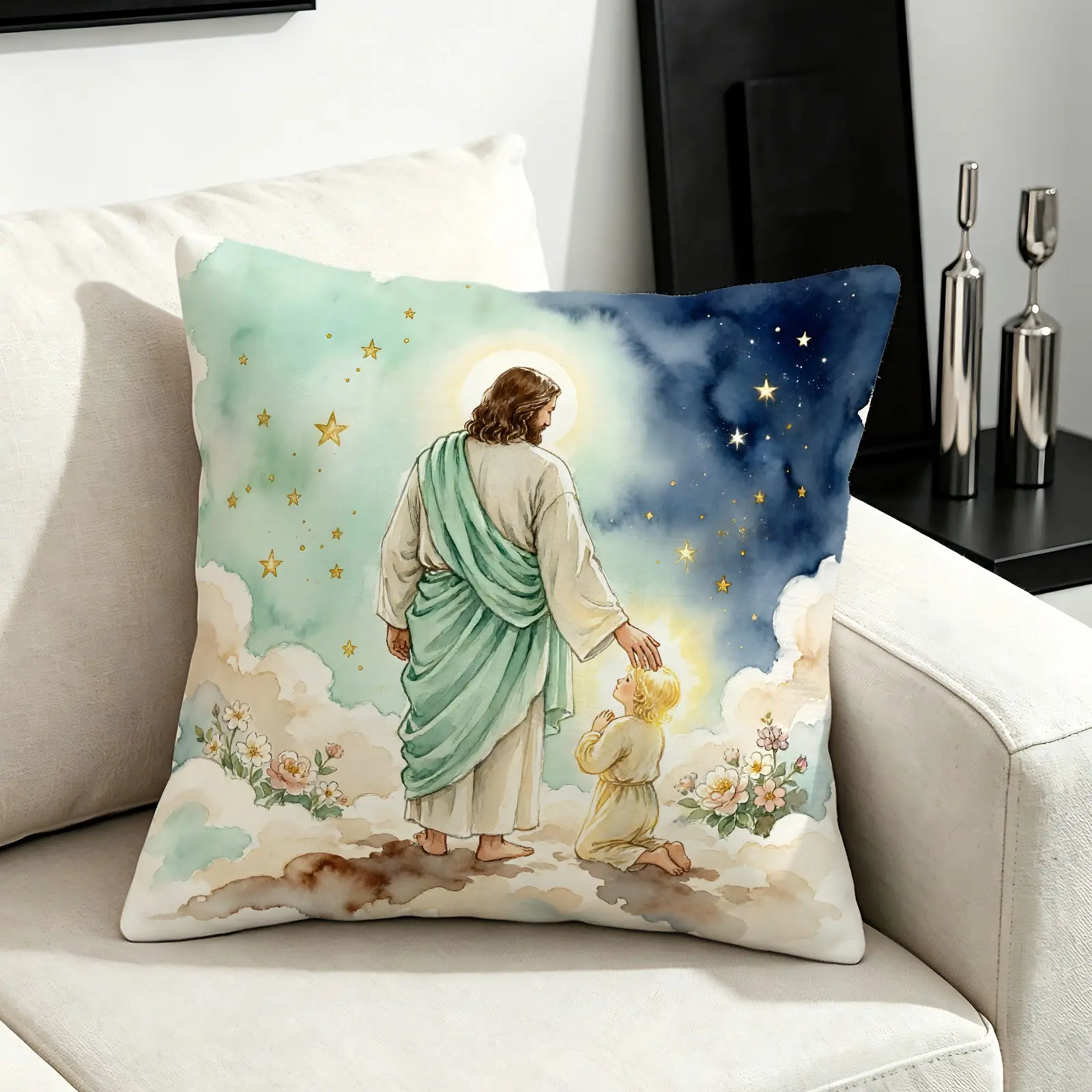 45x45cm 1Pc Christian Jesus Watercolor Multi-Scene Printed Throw Pillow, Machine Washable, Calming Art Print, Plump High-Resilience Soft Filling, Comfy Cushions, Decorative Cushion Suitable for All Scenes & All Ages (Pillow Insert Included)