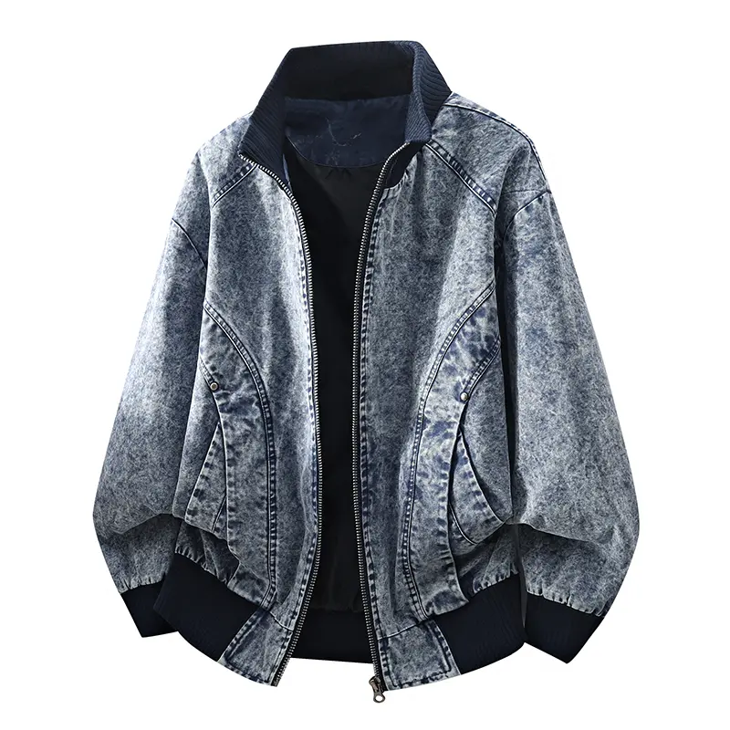 Men's Autumn Heavyweight 100% Cotton Washed Distressed Stand Collar Jacket, Full Zip Vintage Street Old Money Style American Workwear Outerwear for Daily Casual Wear # sohochic
