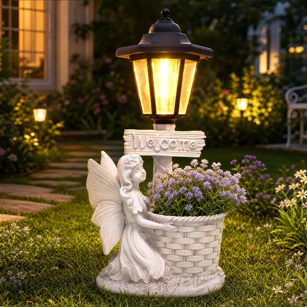 Solar Angel Fairy Garden Outdoor Statues with Solar Lantern and Flowerpot Welcome Sign Decor Angel Figurines Sculptures Resin Outdoor Statues for Patio Yard Lawn Mom Grandma Gifts