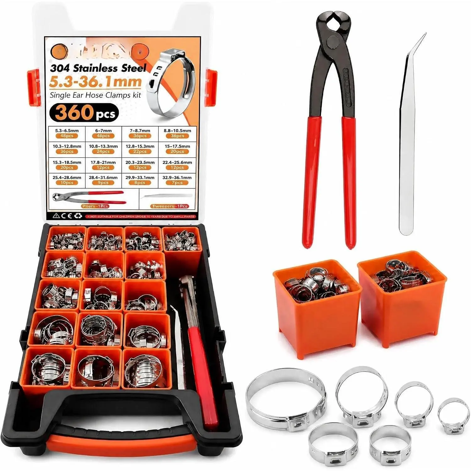 360 count Single Ear Hose Clamps Kit,Stepless 5.3-36.1mm 304 Stainless Steel Hose Repair Clamp Cinch Rings,Ear Clamp Pliers Tool with Portable Toolbox for Automotive  Line Plumbing PEX DIY