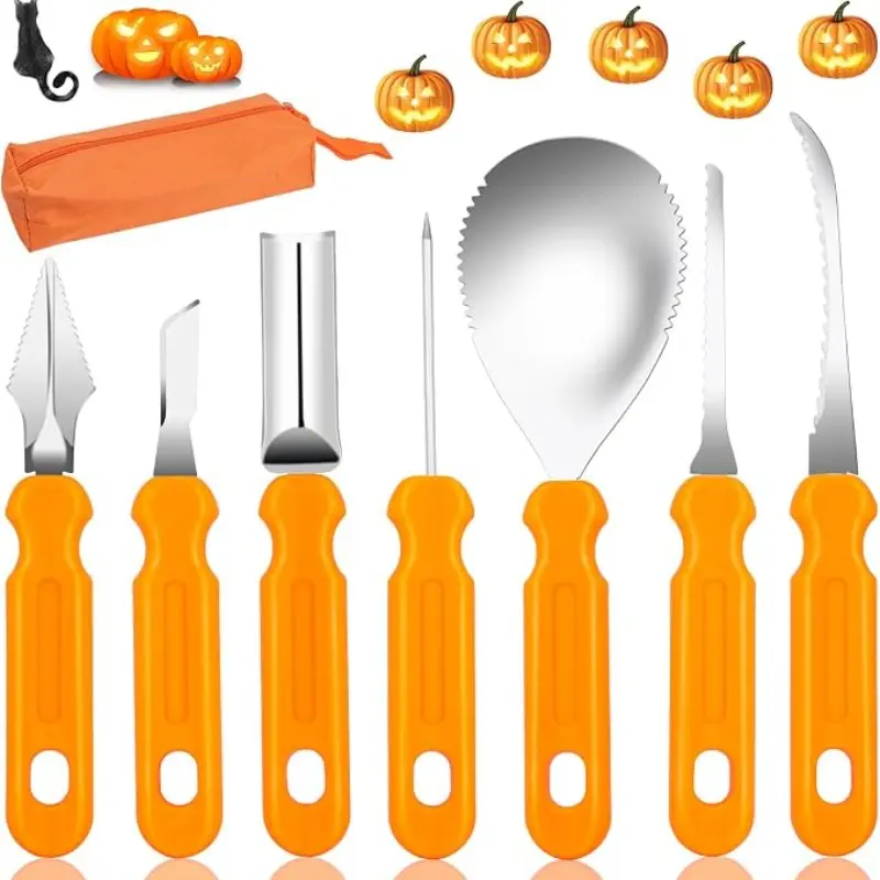 Halloween Pumpkin Carving Tool Set, Professional Stainless Steel Knife, Saw, Scoop, 7-Piece Kit, Adult & Kids, Jack O' Lantern Decor