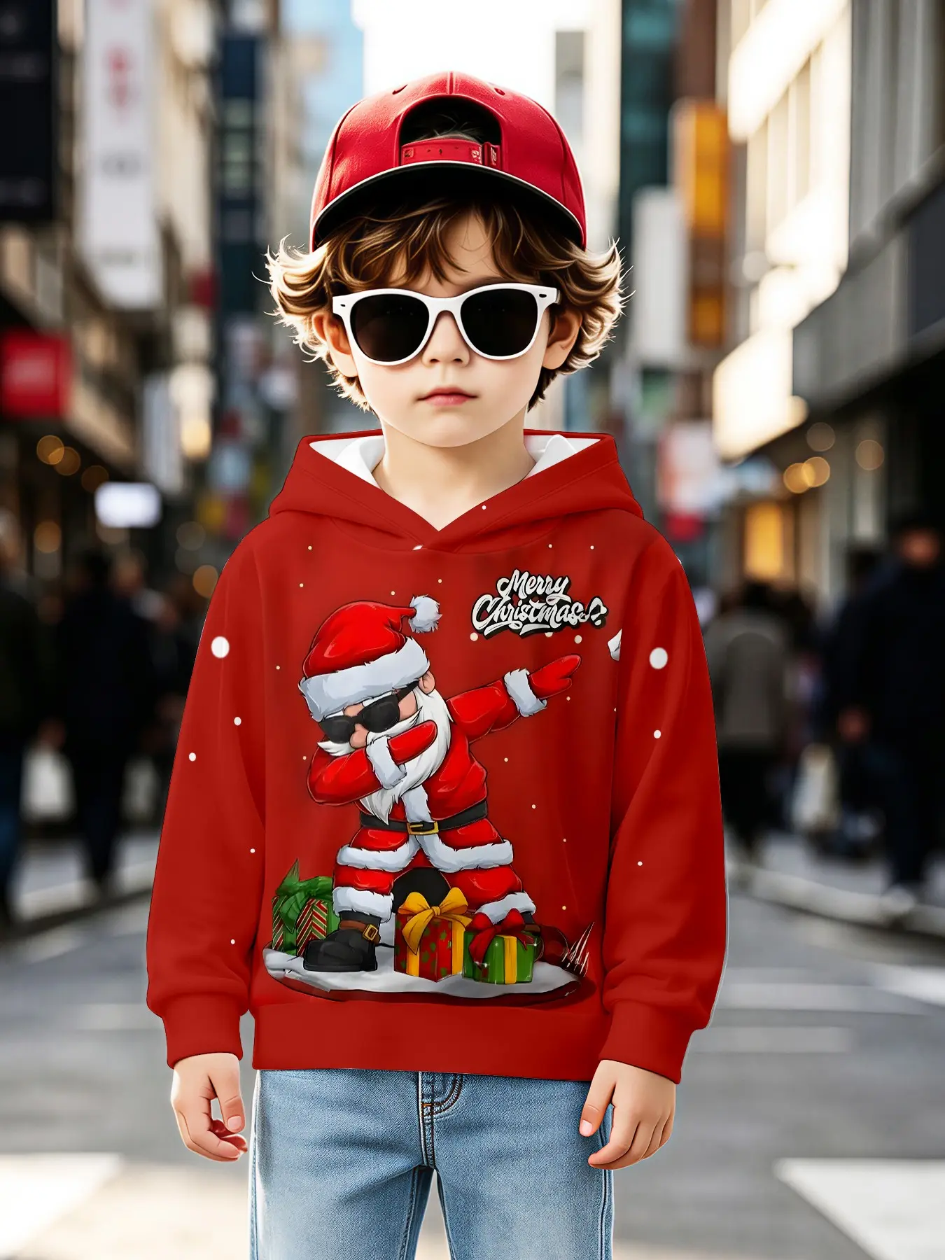 Christmas Santa Hat Hoodie for Boys, Long Sleeve Loose-Fit Casual Top, All over Print, Fall & Winter Festival