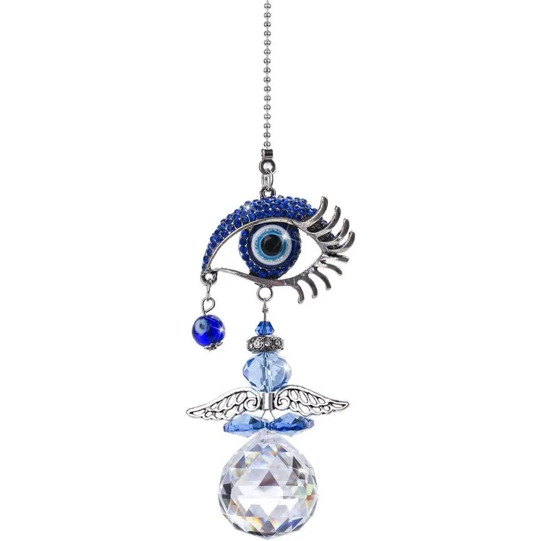 Hanging Crystal Angel Suncatcher Blue Evil Eye Protection and Good Luck Charm Chandelier Lamps Pendant(12.5in)