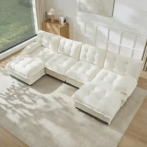Aobtkel®138" U Shaped Modern Sofa Modular Sectional Cloud Couch with  2 Ottomans, 4-Seat Chenille Deep Seat Sofa with Comfy Lattice Decored Seat Cushion, Bedroom and Apartment, Beige