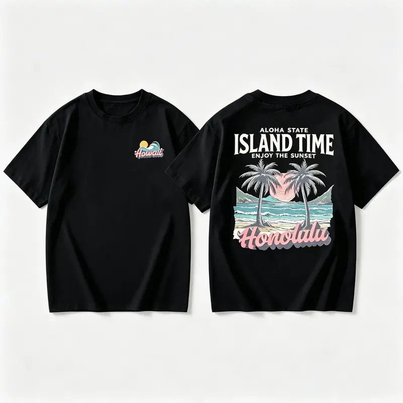 Aloha State Honolulu Island Time Graphic Tee for Men Women Black Cotton T-shirt Summer Beach Sunset Casual Top