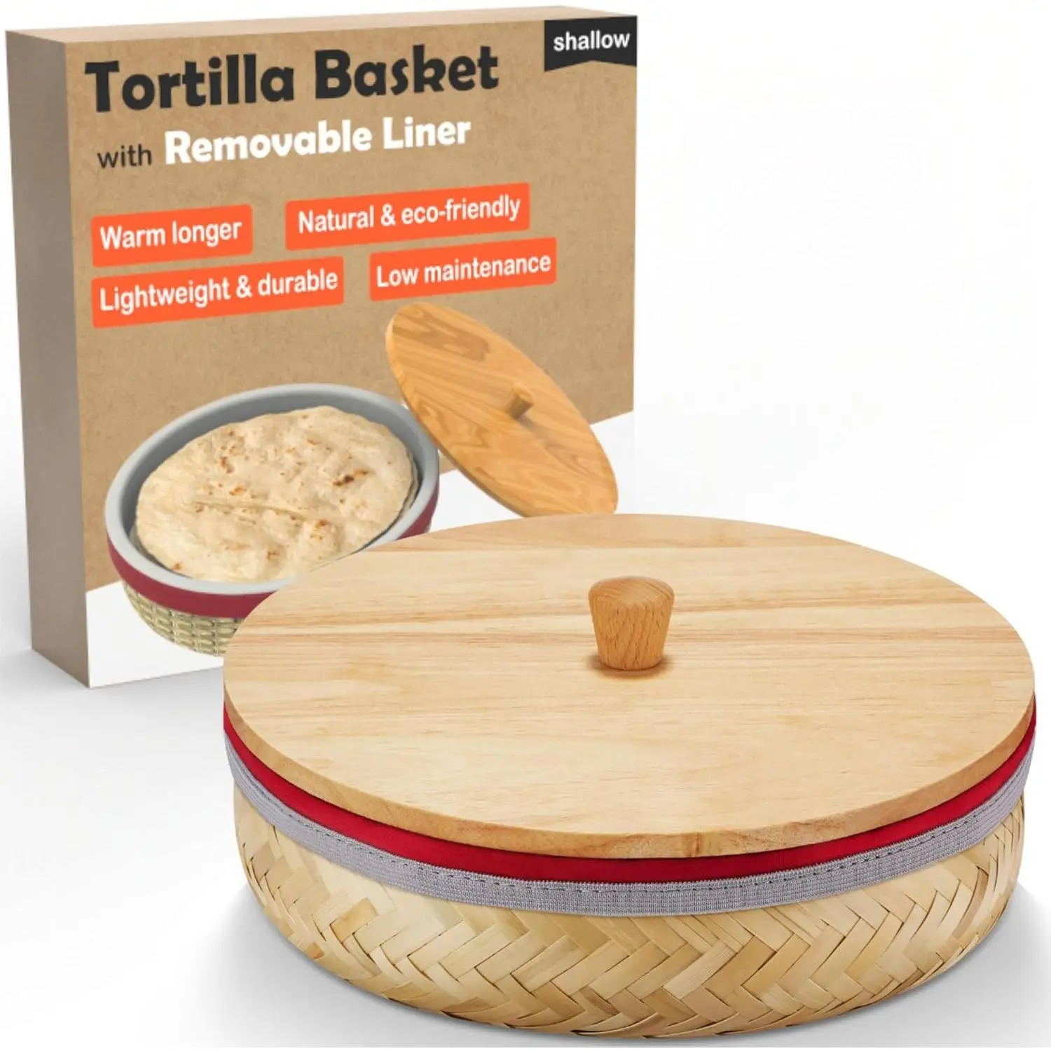 9.4'' Large Bamboo Tortilla Warmer Basket - Kitchen Essential with Removable Insulation Liner, Wooden Lid, Microwave Safe Cotton Pouch, Lightweight Durable Tortillero for Bread Roti - Shallow