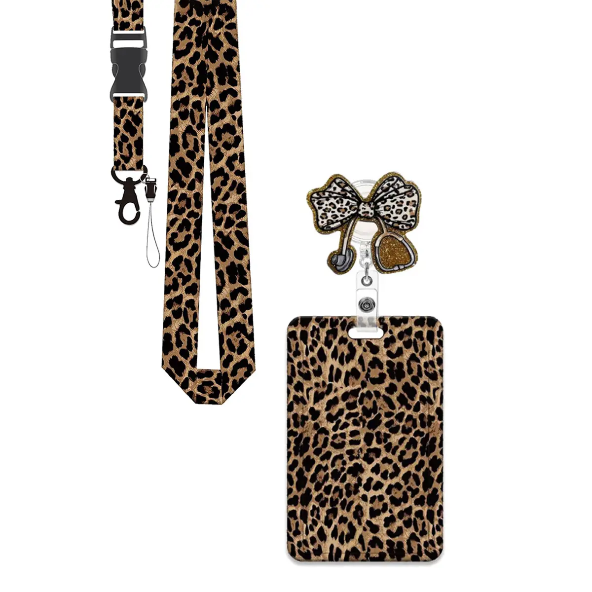 Cool Leopard Print Badge Holder Set, Id Badge Holder, Retractable Badge Reel, Rotating Clip, Nurse Lapel Pin, Teacher Office Card Protector