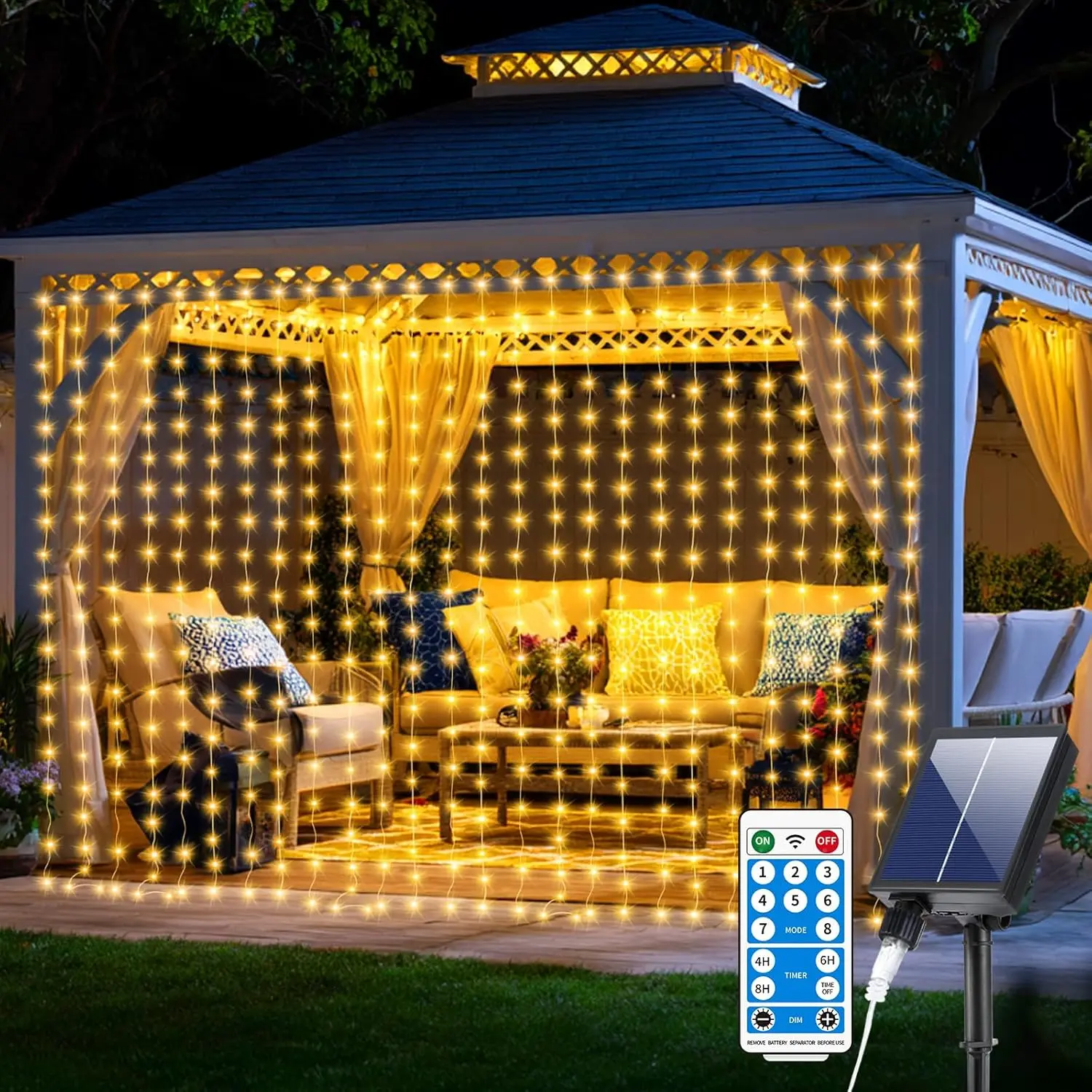 Upgraded Solar Curtain Lights 10x10Ft 300LED Solar  Waterfall Lights for Patio Gazebo Backdrop Wedding Party with USB Rechargeable Remote Timer  Twinkle Fairy String Lights