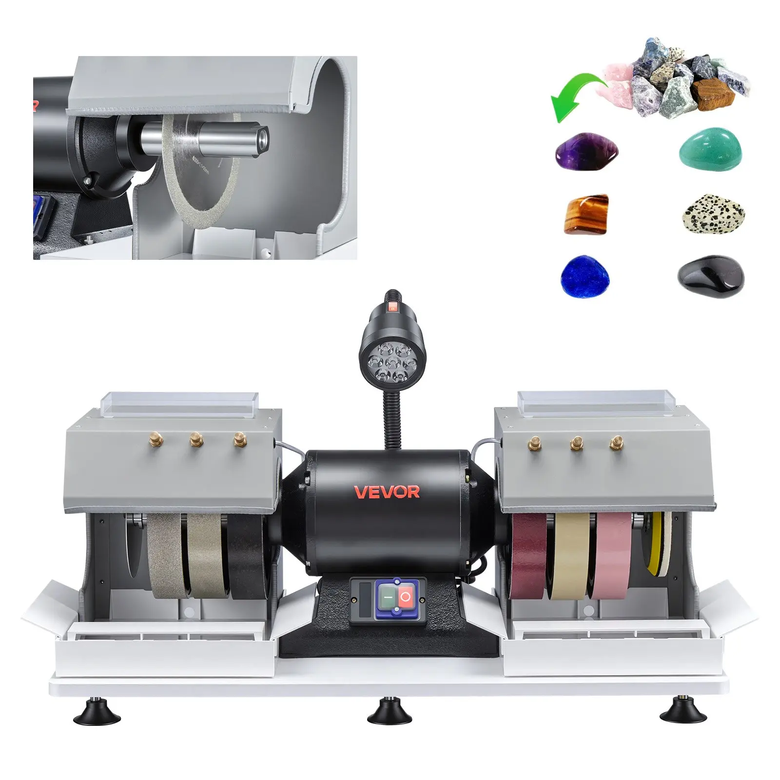 Cabbing Machine, 8" 3/4 HP 1800 RPM Efficient, Lapidary Rock Grinder Polisher With Diamond and Resin Wheels, LED Lamp, Water System, Lapidary Equipment for Gemstone Grinding, Stone Polishing