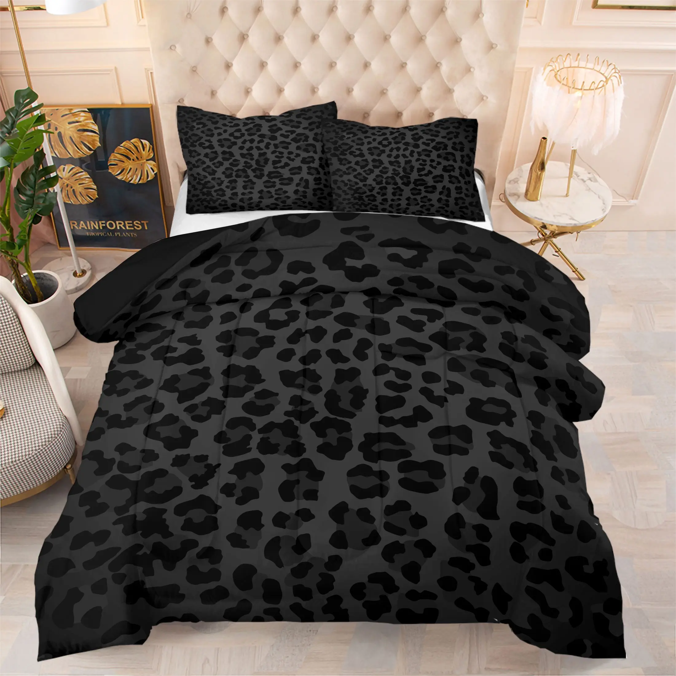 Dark Black Leopard Comforter Set, Y2K Animal Print Bedding, Soft Breathable Comfy Bedding Set, Trendy Stylish Gift Quilt for Teens Young Adults Home Decor, 1 Quilt & 1/2 Pillowcase, No Pillow Insert