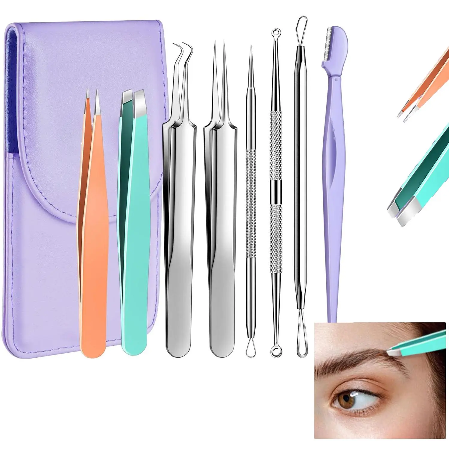9 Pcs Professional Blackhead Remover & Ingrown Hair Tweezers Tool Kit, Multi-Functional Pimple Popper Set, Stainless Steel Pore Extractor, Precision Tweezers and Facial Razor for Facial Skin Care Blemish Removal