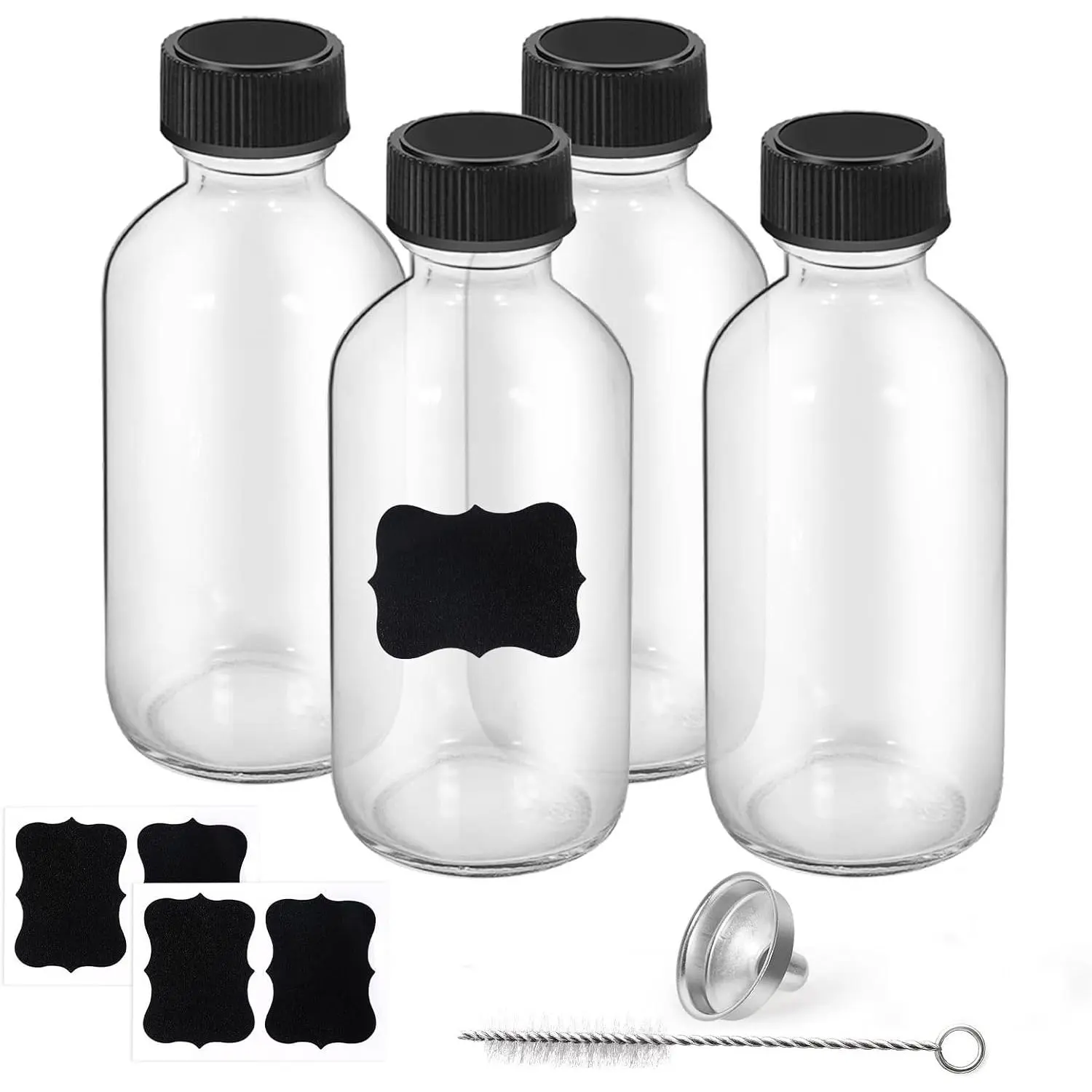 2oz 4-pack Small Clear Glass Bottles with , Travel Bottle for Liquids | 60ml Leak-Proof   Bottle 1 Funnel, 4 Labels, 1 Brush for Juice, Ginger Shot, , Oils,
