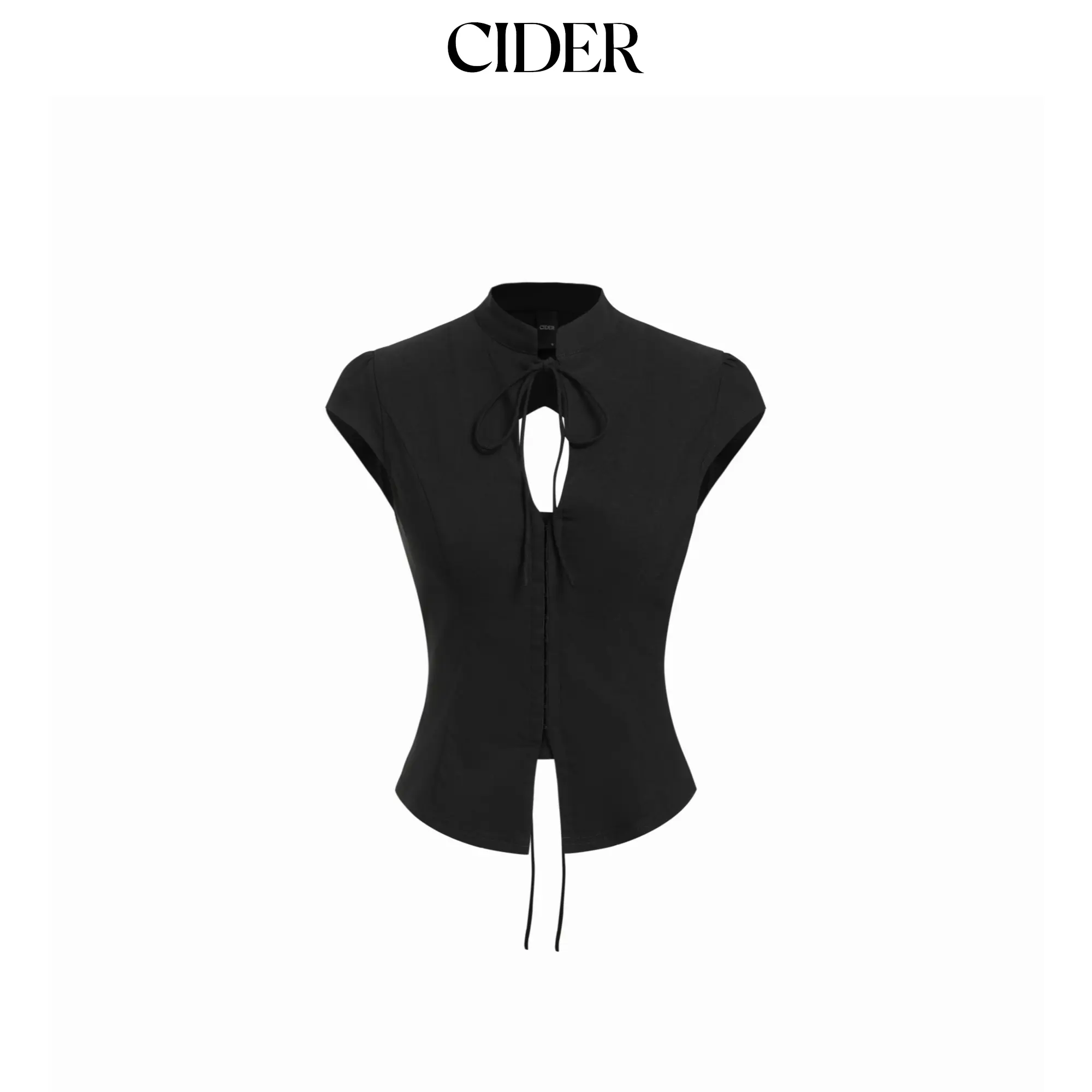 Cider Stand Collar Short Sleeve Tie Front Cut Out Backless Slim Blouse