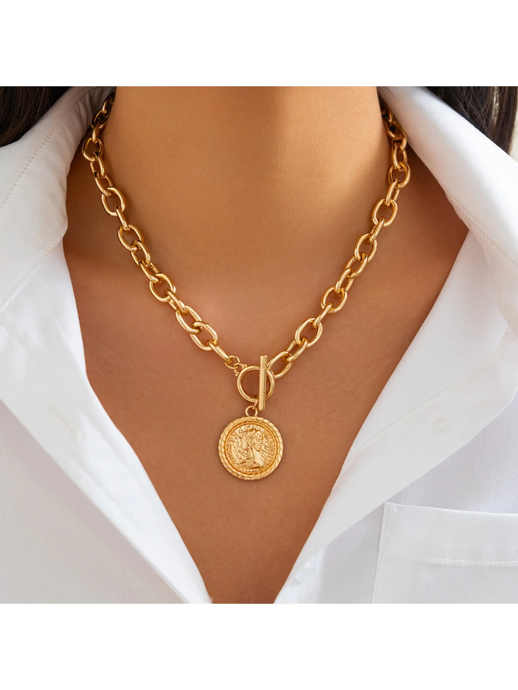 Retro geometric portrait relief pendant necklace for women - simple double-layer metal chain necklaces as jewelry.