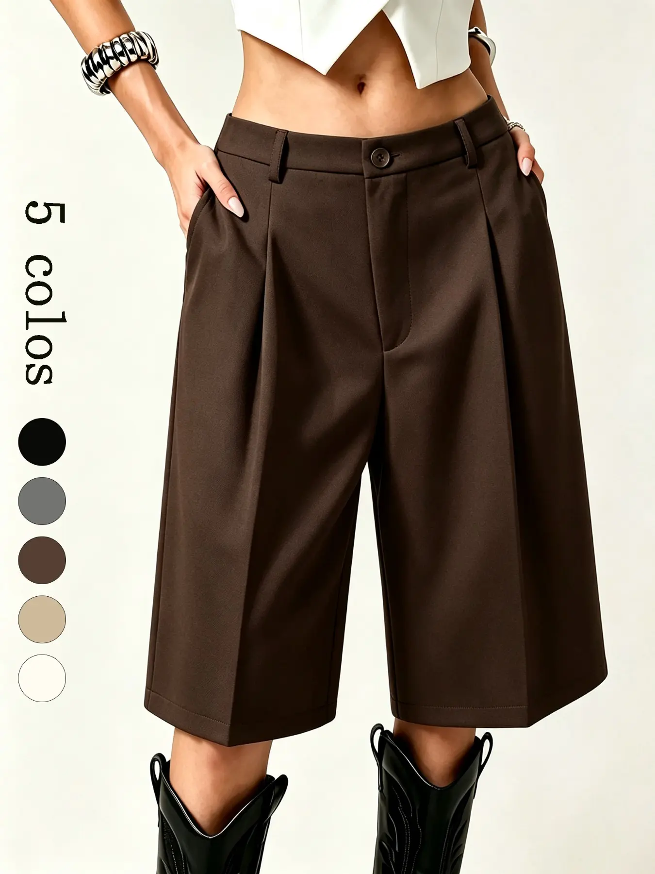 D5531 Timeless Old Money Women Knee Culottes Pants, High Waisted Pleated Wide Leg Silhouette, Functional Side Pockets, Wrinkle Easy Care for Western Daily Street Outfits.