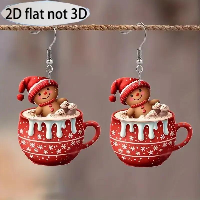2D Flat Cute Milk Tea Cup Gingerbread Man‌ Acrylic Earrings Winter Atmosphere Earrings Christmas and New Year Gift Accessories