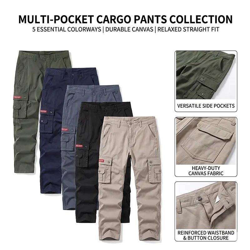 Men's Solid Twill Cargo Pants, Relaxed Straight-Leg Workwear Trousers for Outdoor & Hiking Uniforms with Smooth Natural Zipper, Fabric, Menswear, Soft, Classic, Casual, Buttons, Mid Waist, Ankle Length, Multi-Pocketed, Breathable, Utility, Plain, Thick, S