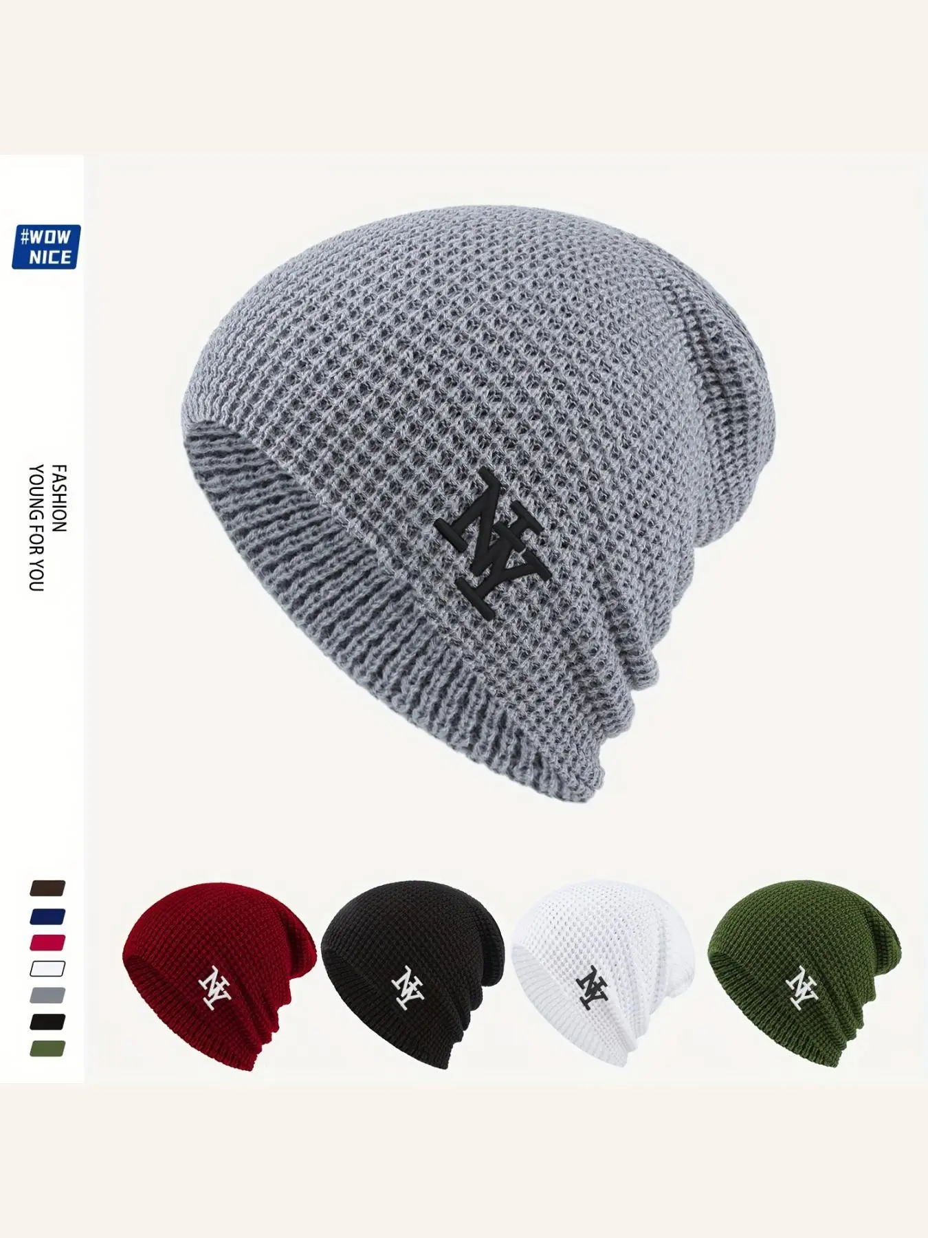 Unisex Knit Beanie with Ny Embroidery, Breathable Elastic Wool Hat for Outdoor Sports, Casual Winter Warmth, Plain Color Cap