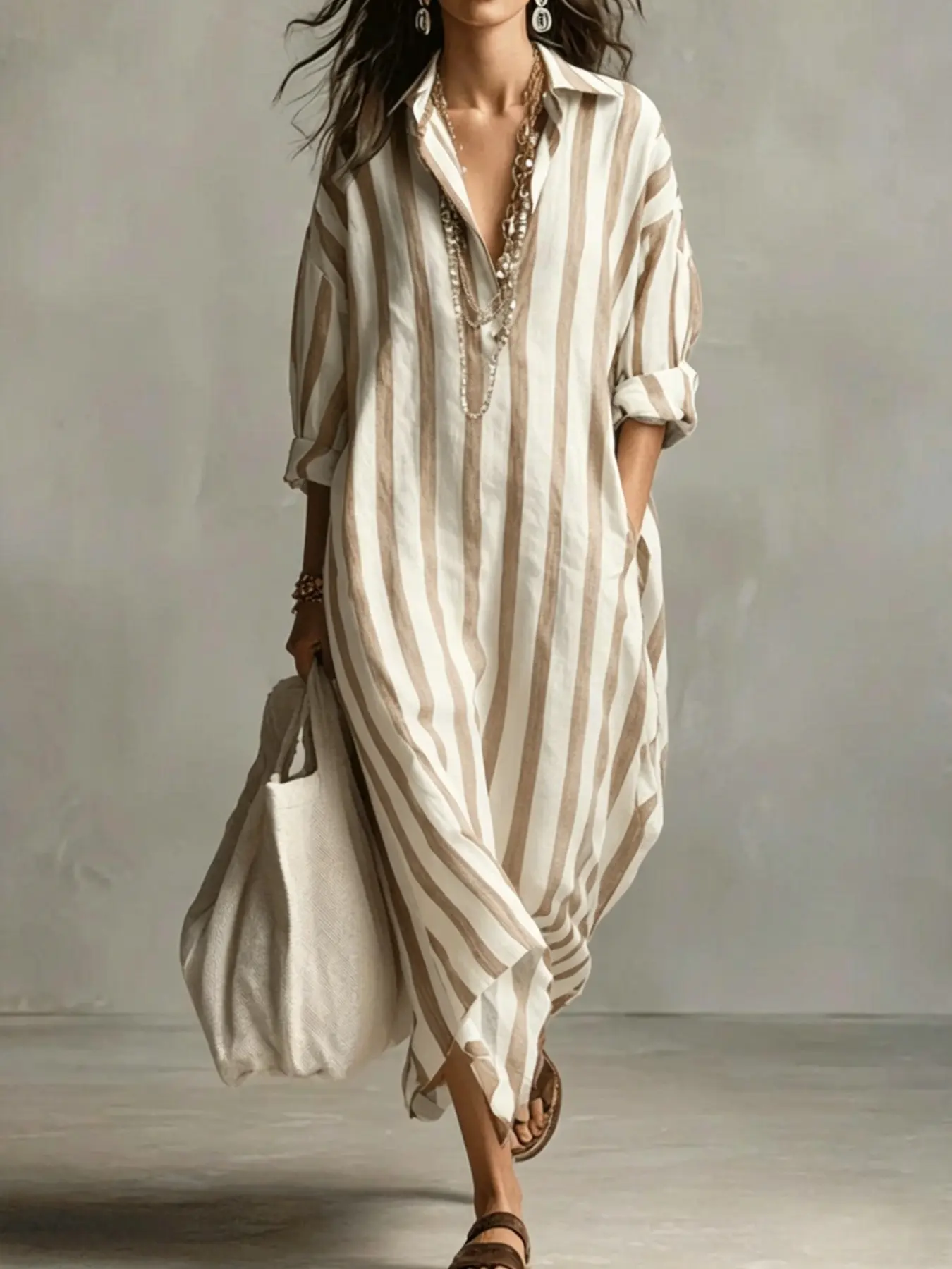 2026 New Women's Fashion Casual Wear Striped Lapel Front Tie Loose V Neck Long Sleeve Long Dress, Soft Comfortable Fabric, Beach Sun Protection Beach Dresses