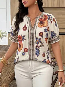 Plus Size Women's V Neck Printed Casual Shirt, Comfortable Loose Lantern Sleeve Pleated Design, Ideal for Daily Wear and Travel, Garden Party