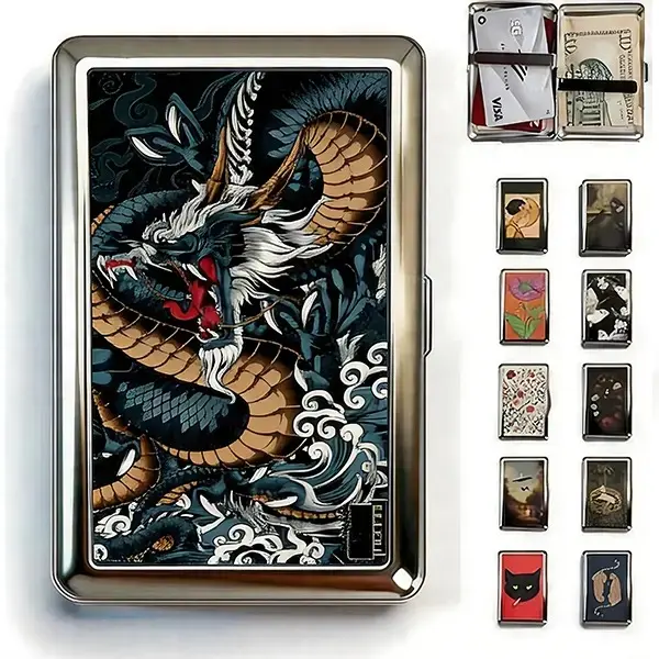 Unisex Vintage Dragon Tiger Art Print Slim Fit Metal Card Holder - Press Button Pop-Up, RFID Blocking, Men's Wallet, Bag Organizer Accessory for Daily Commute, Business Use,back to school,back to school haul