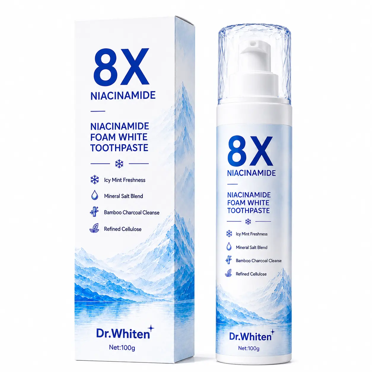 Niacinamide Foam Whitening Toothpaste 8X - Fresh Breath | Helps Remove Surface Stains | Daily Oral Care | Mint Flavor 100g