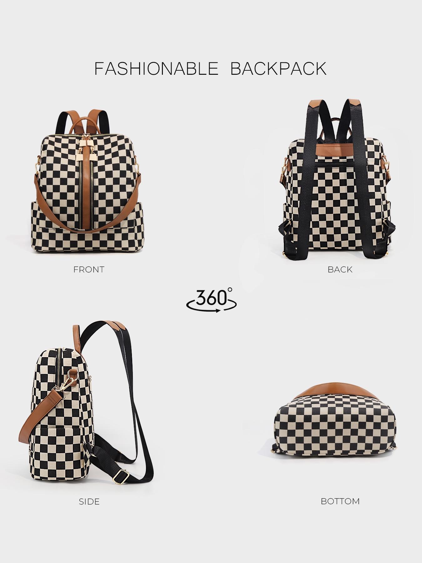 Checkerboard Pattern Checkered Print Backpack Set, Women'S Fashionable Vintage Trendy Casual Durable Lightweight Large Capacity Zipper Travel Backpack & Wristlet, Multifunctional Bag Set For Daily Use