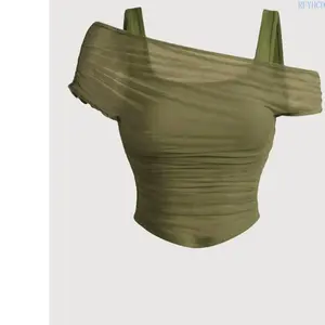 Women's Asymmetric Neckline Ruched Crop Top, Trendy Womenswear Mesh Top for Club, Date Night & Vacation