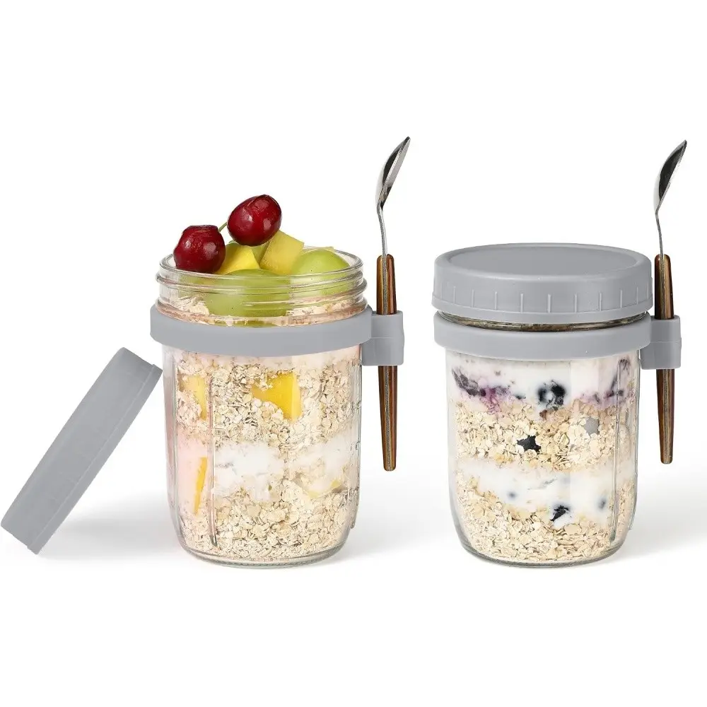 2pcs Overnight Oat Cups with Lids & Spoons, 12oz Portable Breakfast Bowls, Ideal for Meal Prep Containers, Cereals, Milk, Salad, Yogurt, Vegetables, Fruits Storage, Food Storage