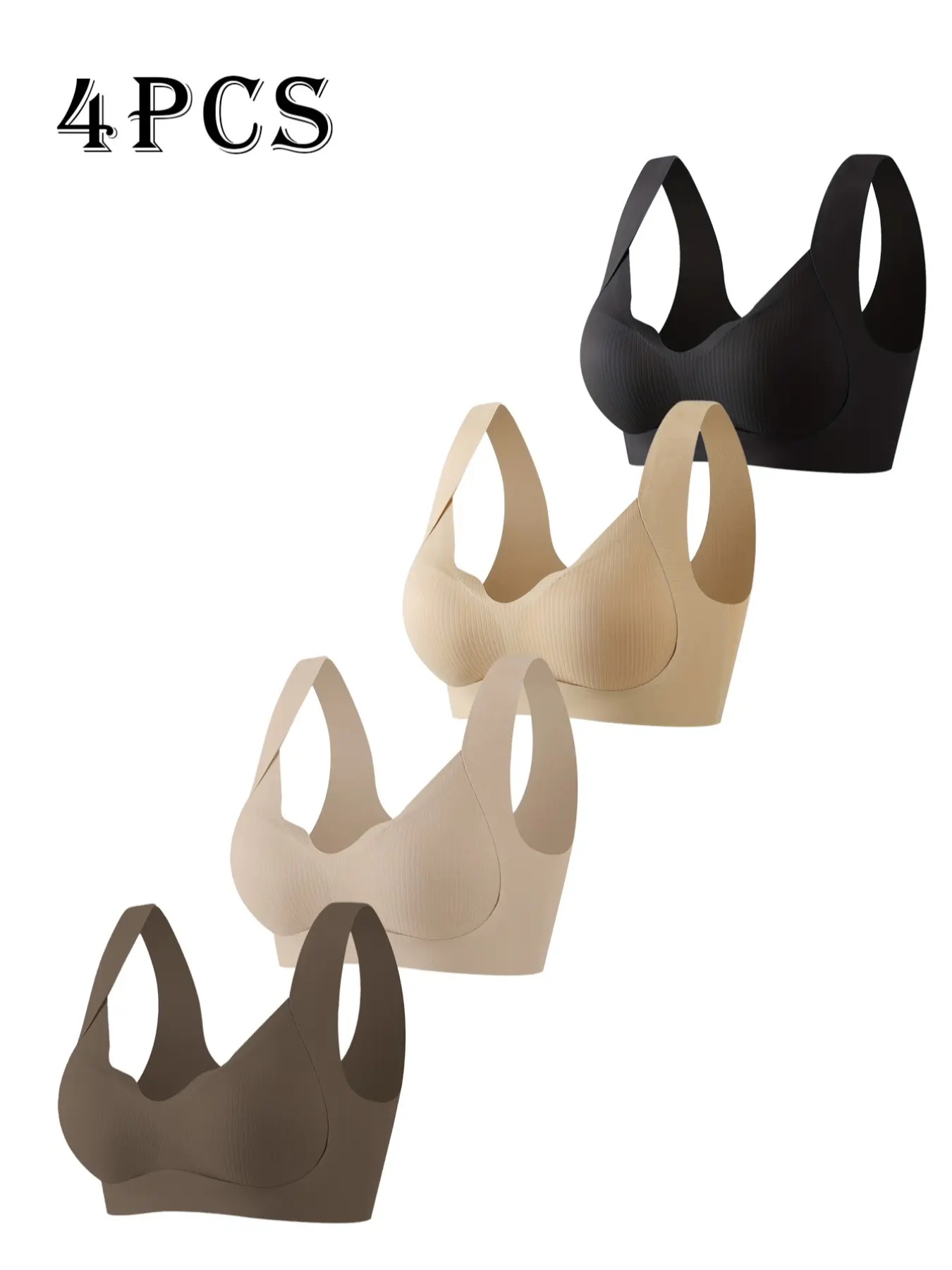 Women's Full Coverage Adjustable Fit Padded Bra Set, 4-Piece Pure Color Wireless Underwear, Anti-Sagging Large Bust Support Adjustable Bras