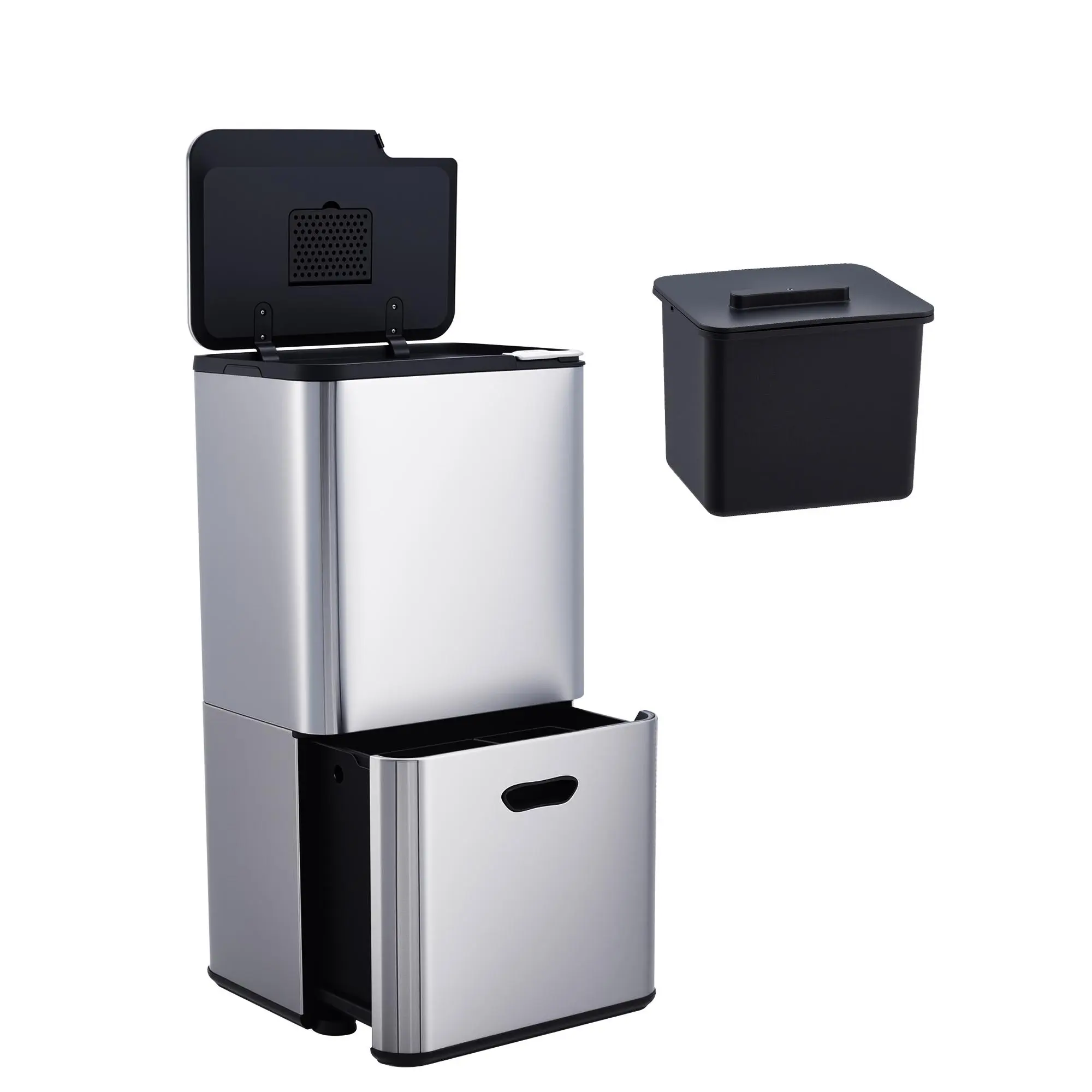 16 Gal Dual Trash Can for Kitchen, 2 Compartment (33l + 28l) Garbage Can with Compost Bin, Stainless Steel Trash and Recycle Bin Combo with Removable Inner Bucket, Odor Control, Rectangular