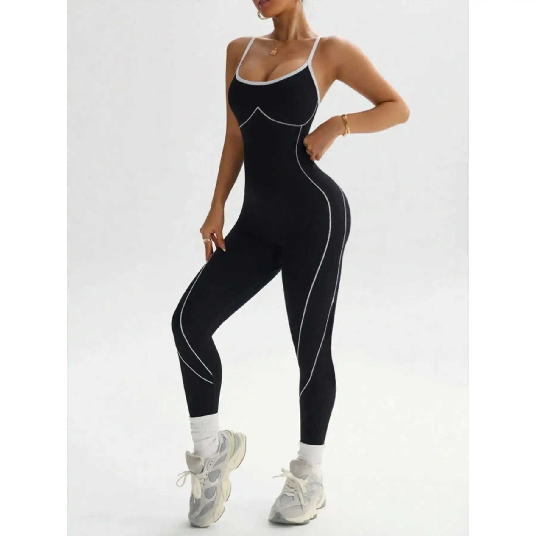 Women's Seamless High-Stretch Knit Halter Jumpsuit - Tight-Fit 9-Quarter Pants, Back Cross Shoulder Straps, for Outdoor Cycling, Gym, Yoga Daily Activewear
