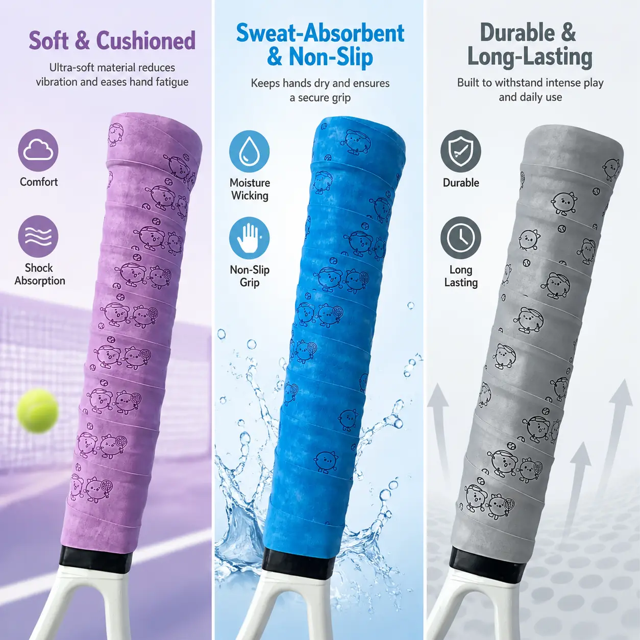 PU Leather Racket Grips, Sweat-Absorbing Breathable Tape with Non-Slip Textured Wrap and Matte Finish for Adult Tennis/Badminton Racket Handle