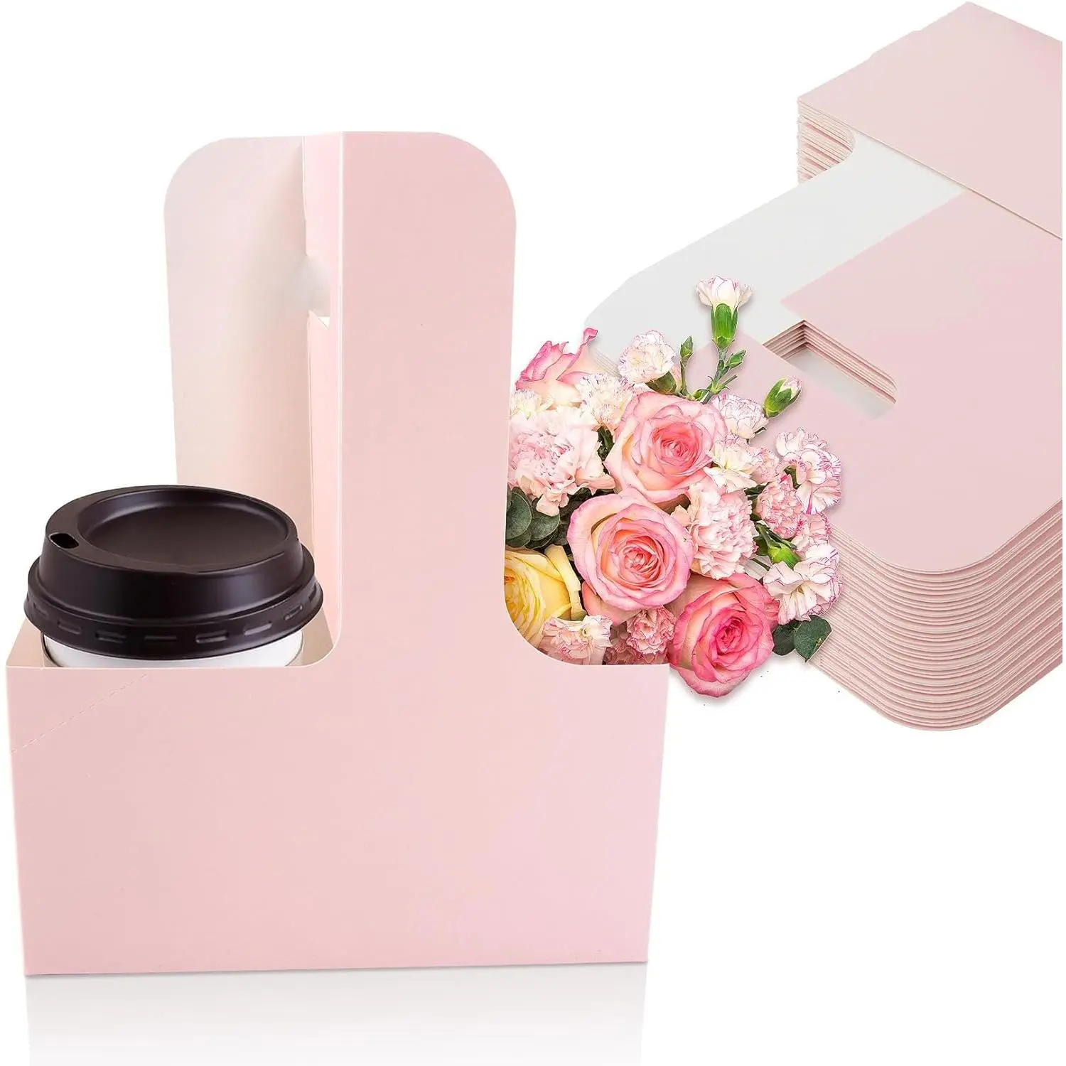 2 Cup Drink Carrier with Handle - Disposable Cardboard Cup Holder |   12PCS Pink Drink Caddy, Coffee Cup Carriers for Hot/Cold Drink, Teacher Appreciation Drink Carrier, Food Delivery Accessories