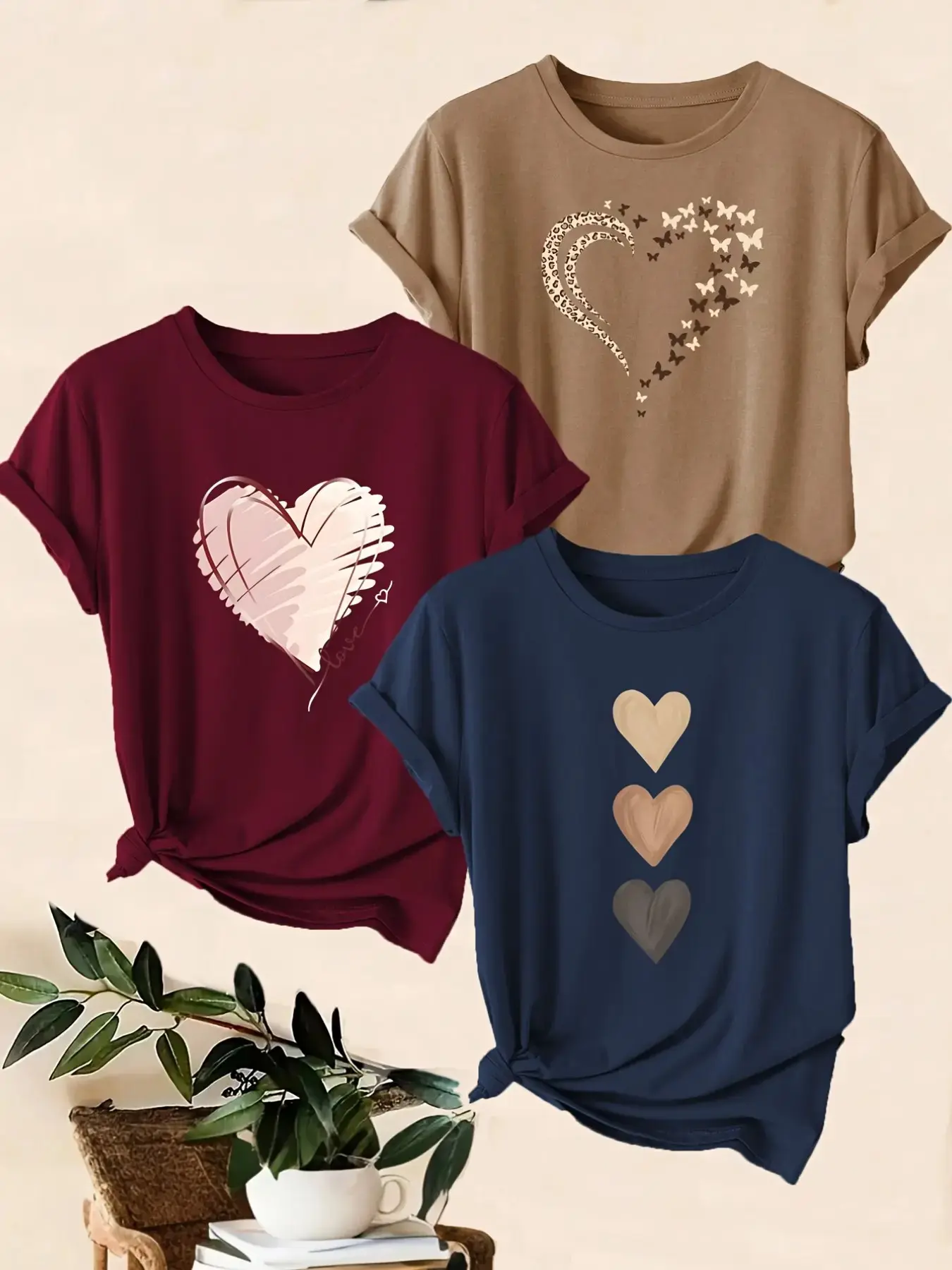 3-Pack Women's Casual T-Shirts, Heart Pattern Print, Polyester, Round Neck, Short Sleeve, Comfortable for Spring & Summer