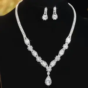 LovedenLuxury Teardrop Rhinestone Necklace Earrings Jewelry Set, Silver Crystal Bridal Wedding Jewelry Set, Elegant Formal Party Prom Accessory Gift For Women