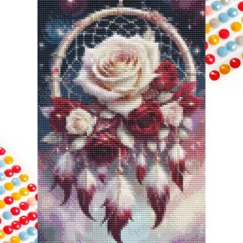 5D DIY Diamond Art Painting Kit, Rose Dreamcatcher Feather Mosaic Canvas Art, Home Wall Decor Gift for Ramadan, Birthday, Anniversary, Diamond Art Tools, Handmade Gifts