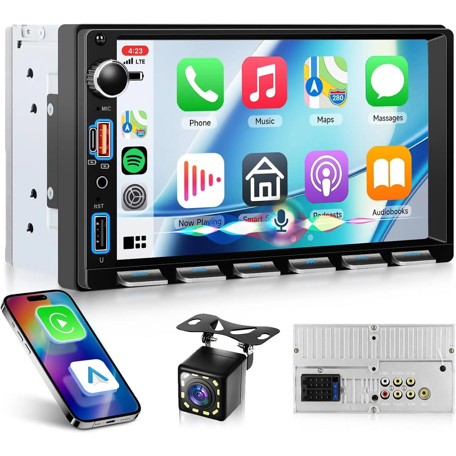 Wireless Double Din Car Stereo Carplay Radio, 7 Inch Anroid Auto Touch Screen Radio with Bluetooth, SWC, Dual USB+Type-C Charging +HD Backup Camera campingessentials
