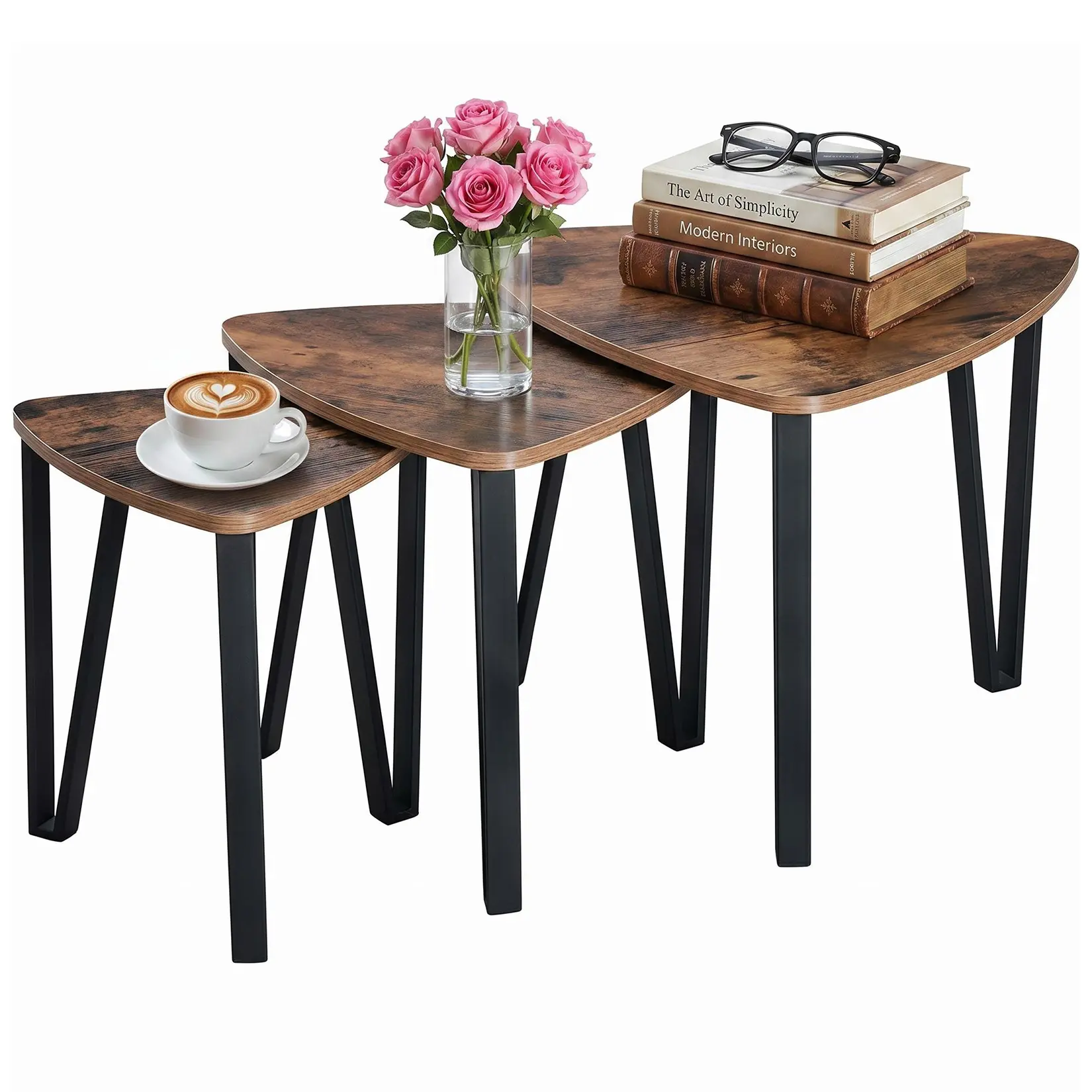 Industrial Farmhouse 3-Piece Triangle Nesting Coffee Table Set - Nesting Stacks with 3 Sizes, Triangle Outline, V-Shaped Black Metal Frame, Melamine Particle Board, Stackable Accent Side/End Tables for Living Room/Bedroom