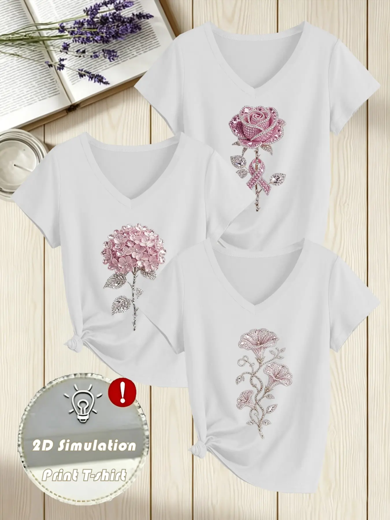 Women's 3-Pack V-Neck Short Sleeve T-Shirts, Floral Print, Soft Comfortable Fabric, Stretch Fit, Casual Wear, Casual Comfy Tee