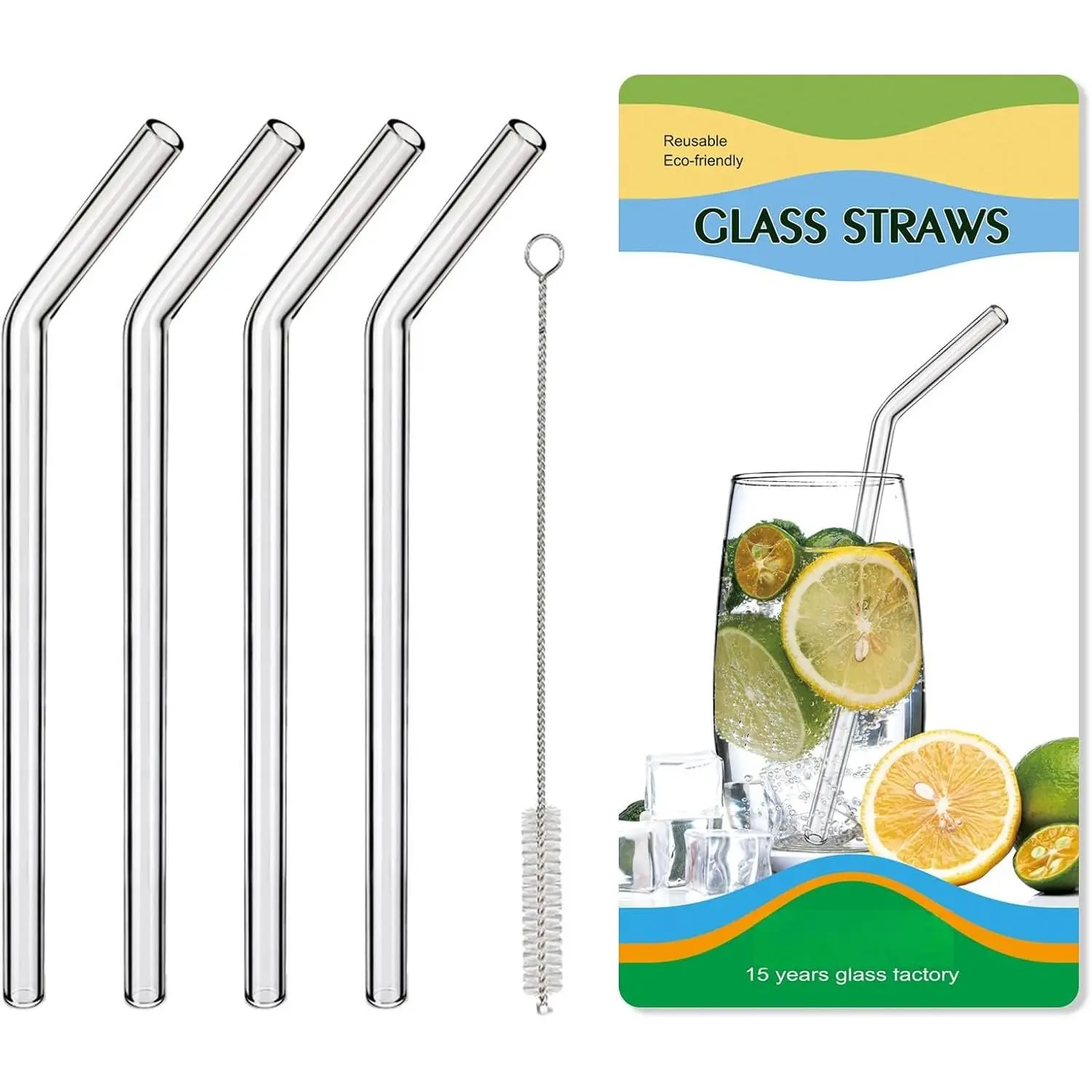 Borosilicate Glass Straws for 16 oz Tumbler, 9 inch 8mm ,  Drinking Straws Clear Bent Skinny for Iced Coffee and Hot Drinks